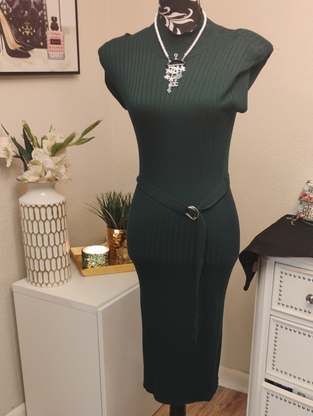 Ribbed Knit Midi Dress in Deep Green